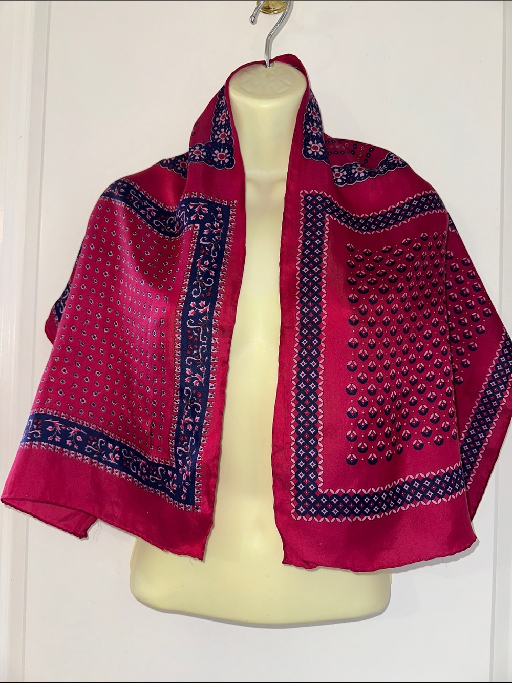 Vintage 60s Fuchsia, Navy Blue & Pink Bandanna -Print Rayon/Silk Scarf